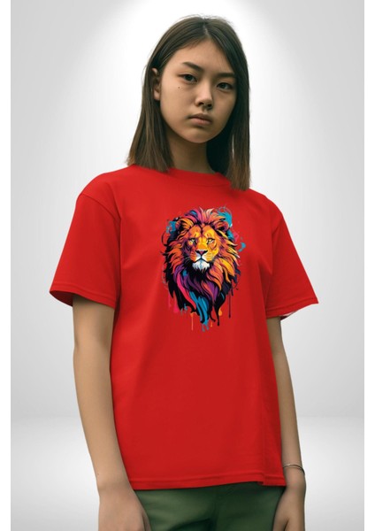 Renkli Yağlı Boya Aslan Pamuklu Bisiklet Yaka Kadın Erkek Oversize Boyfriend Dijital Baskılı Kırmızı T-Shirt fiyatları