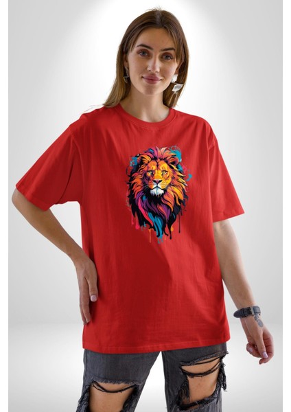 Renkli Yağlı Boya Aslan Pamuklu Bisiklet Yaka Kadın Erkek Oversize Boyfriend Dijital Baskılı Kırmızı T-Shirt fırsatları