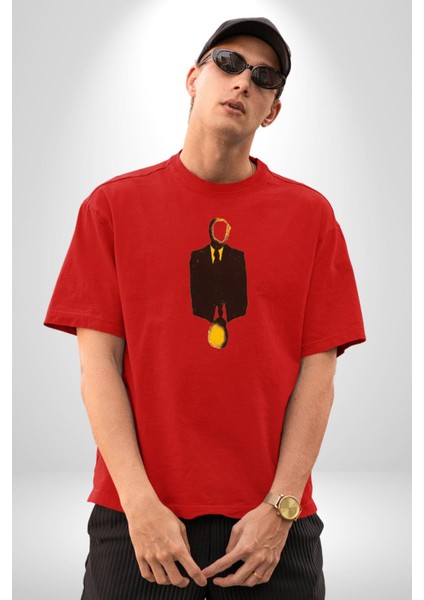 Görünmez Insan Takım Elbise Pamuklu Bisiklet Yaka Kadın Erkek Oversize Boyfriend Dijital Baskılı Kırmızı T-Shirt