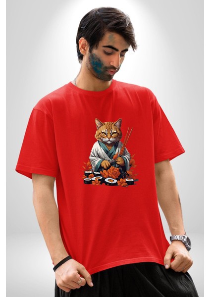 Suşi Balık Çiçek Japon Kedi Pamuklu Bisiklet Yaka Kadın Erkek Oversize Boyfriend Dijital Baskılı Kırmızı T-Shirt modelleri