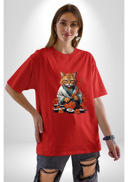 Suşi Balık Çiçek Japon Kedi Pamuklu Bisiklet Yaka Kadın Erkek Oversize Boyfriend Dijital Baskılı Kırmızı T-Shirt fırsatları