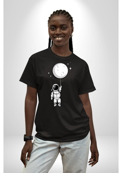 Astronot Ay Balon Pamuklu Bisiklet Yaka Kadın Erkek Oversize Boyfriend Dijital Baskılı Siyah T-Shirt indirimleri