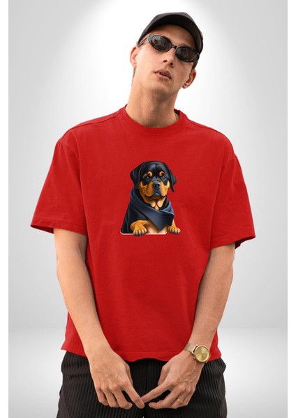 Puppy Köpek Rottweiler Pamuklu Bisiklet Yaka Kadın Erkek Oversize Boyfriend Dijital Baskılı Kırmızı T-Shirt