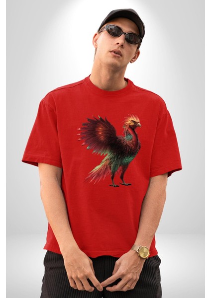 Anka Kuşu Ateş Kuşu Pamuklu Bisiklet Yaka Kadın Erkek Oversize Boyfriend Dijital Baskılı Kırmızı T-Shirt