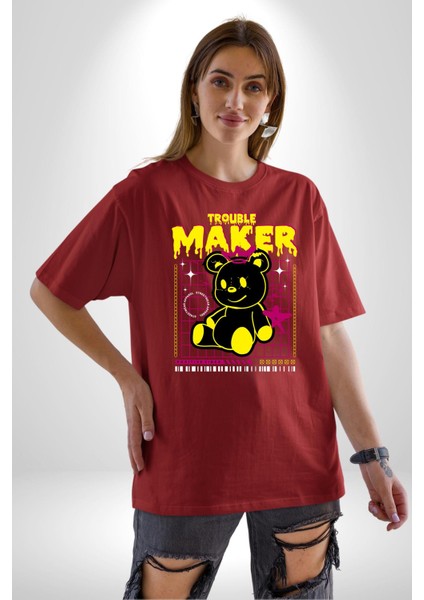 Baş Belası Teddy Pamuklu Bisiklet Yaka Kadın Erkek Oversize Boyfriend Dijital Baskılı Kırmızı T-Shirt
