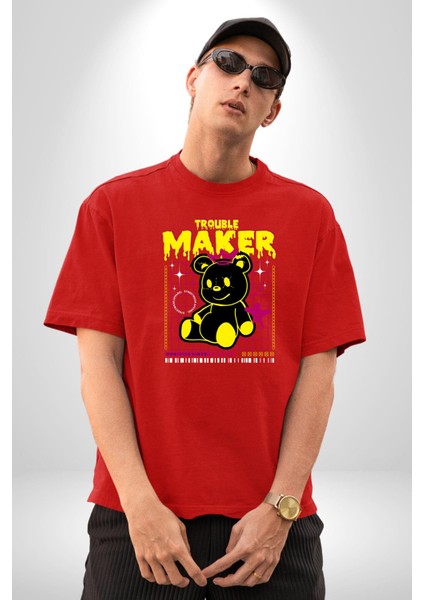 Baş Belası Teddy Pamuklu Bisiklet Yaka Kadın Erkek Oversize Boyfriend Dijital Baskılı Kırmızı T-Shirt fiyatları