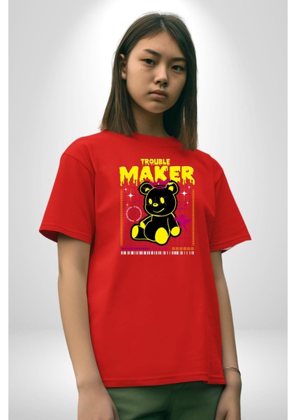 Baş Belası Teddy Pamuklu Bisiklet Yaka Kadın Erkek Oversize Boyfriend Dijital Baskılı Kırmızı T-Shirt fırsatları