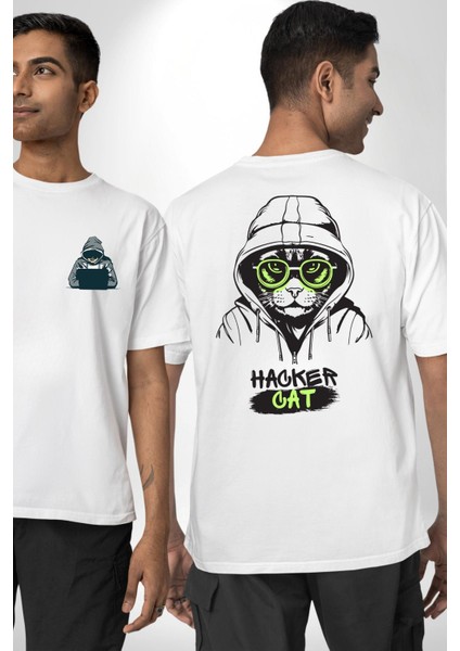 Hacker Kedi Bilgisayar Korsanı Yeşil Gözlük Beyaz Oversize Kadın Erkek Ön ve Sırt Baskılı T-Shirt