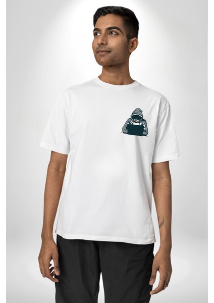 Hacker Kedi Bilgisayar Korsanı Yeşil Gözlük Beyaz Oversize Kadın Erkek Ön ve Sırt Baskılı T-Shirt modelleri