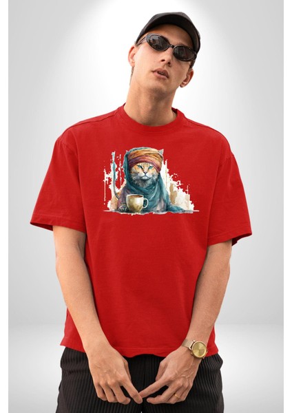 Türk Kahvesi Kedi Pamuklu Bisiklet Yaka Kadın Erkek Oversize Boyfriend Dijital Baskılı Kırmızı T-Shirt