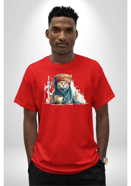 Türk Kahvesi Kedi Pamuklu Bisiklet Yaka Kadın Erkek Oversize Boyfriend Dijital Baskılı Kırmızı T-Shirt fiyatları
