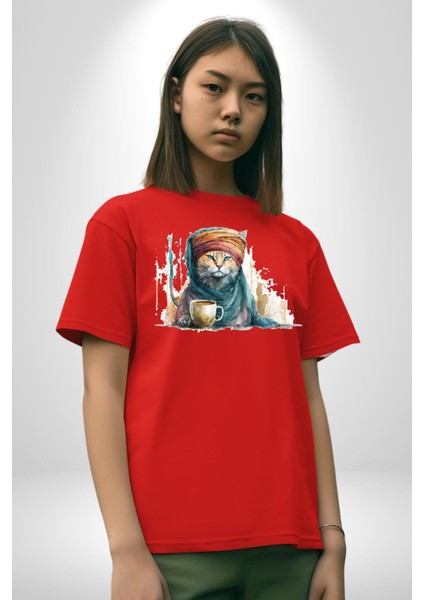 Türk Kahvesi Kedi Pamuklu Bisiklet Yaka Kadın Erkek Oversize Boyfriend Dijital Baskılı Kırmızı T-Shirt modelleri