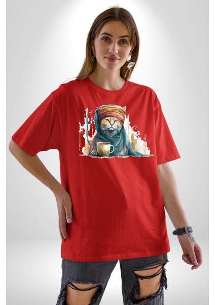 Türk Kahvesi Kedi Pamuklu Bisiklet Yaka Kadın Erkek Oversize Boyfriend Dijital Baskılı Kırmızı T-Shirt indirimleri