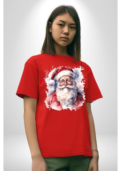 Mutlu Noel Baba Yeni Yıl Tasarımı Pamuklu Bisiklet Yaka Kadın Erkek Oversize Boyfriend Dijital Baskılı Kırmızı T-Shirt