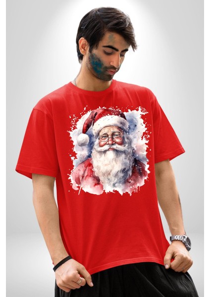 Mutlu Noel Baba Yeni Yıl Tasarımı Pamuklu Bisiklet Yaka Kadın Erkek Oversize Boyfriend Dijital Baskılı Kırmızı T-Shirt