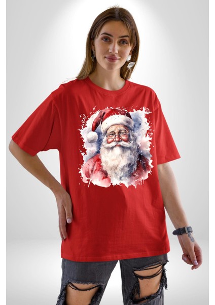 Mutlu Noel Baba Yeni Yıl Tasarımı Pamuklu Bisiklet Yaka Kadın Erkek Oversize Boyfriend Dijital Baskılı Kırmızı T-Shirt