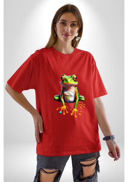 Frog Kurbağa Prens Pamuklu Bisiklet Yaka Kadın Erkek Oversize Boyfriend Dijital Baskılı Kırmızı T-Shirt fiyatları