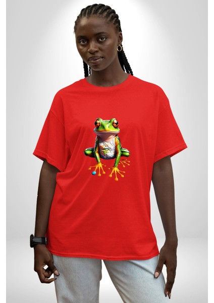 Frog Kurbağa Prens Pamuklu Bisiklet Yaka Kadın Erkek Oversize Boyfriend Dijital Baskılı Kırmızı T-Shirt modelleri