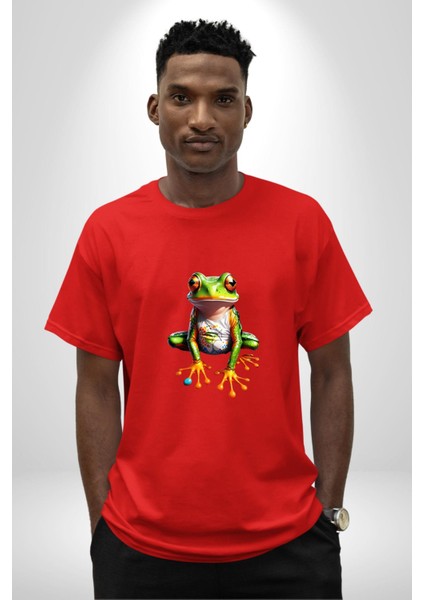 Frog Kurbağa Prens Pamuklu Bisiklet Yaka Kadın Erkek Oversize Boyfriend Dijital Baskılı Kırmızı T-Shirt indirimleri