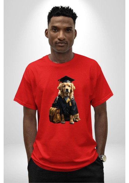 Okula Giden Öğrenci Golden Pamuklu Bisiklet Yaka Kadın Erkek Oversize Boyfriend Dijital Baskılı Kırmızı T-Shirt