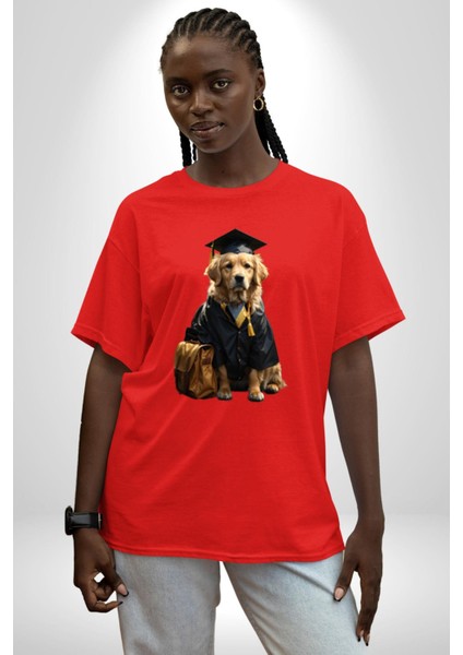 Okula Giden Öğrenci Golden Pamuklu Bisiklet Yaka Kadın Erkek Oversize Boyfriend Dijital Baskılı Kırmızı T-Shirt