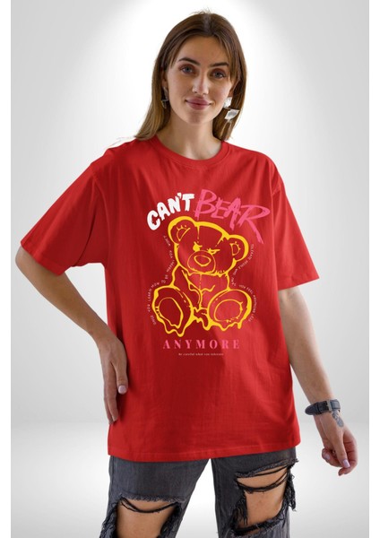 Artık Katlan Pamuklu Bisiklet Yaka Kadın Erkek Oversize Boyfriend Dijital Baskılı Kırmızı T-Shirt fiyatları