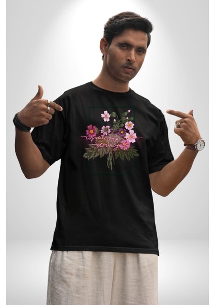 Güller ve Dikenler Şimdi Ne Yapmalıyız Pamuklu Bisiklet Yaka Kadın Erkek Oversize Boyfriend Dijital Baskılı Siyah T-Shirt