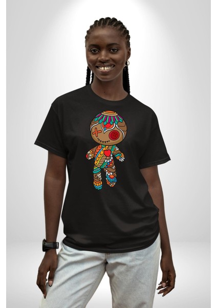 Voofoo Bebeği Doll Doldurulmuş Bebek Pamuklu Bisiklet Yaka Kadın Erkek Oversize Boyfriend Dijital Baskılı Siyah T-Shirt