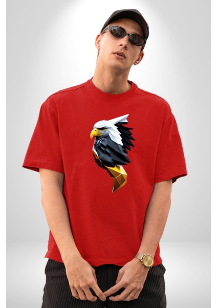 Yapay Zeka Kartal Kuş Tasarımı Pamuklu Bisiklet Yaka Kadın Erkek Oversize Boyfriend Dijital Baskılı Kırmızı T-Shirt fiyatları