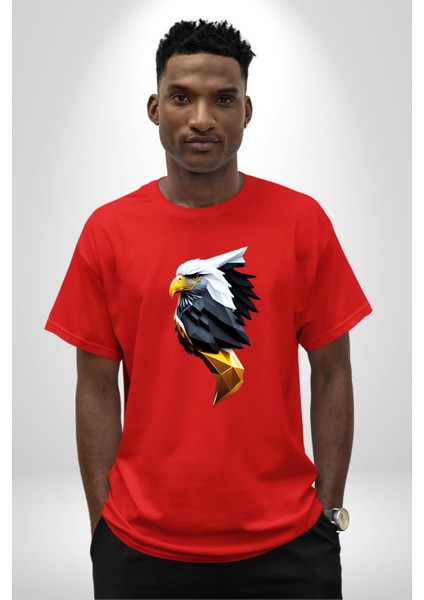Yapay Zeka Kartal Kuş Tasarımı Pamuklu Bisiklet Yaka Kadın Erkek Oversize Boyfriend Dijital Baskılı Kırmızı T-Shirt modelleri