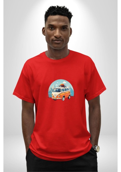 Wolkswagen Karavan Kış Gezisi Pamuklu Bisiklet Yaka Kadın Erkek Oversize Boyfriend Dijital Baskılı Kırmızı T-Shirt