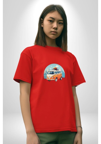 Wolkswagen Karavan Kış Gezisi Pamuklu Bisiklet Yaka Kadın Erkek Oversize Boyfriend Dijital Baskılı Kırmızı T-Shirt