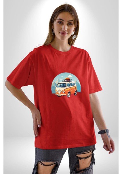 Wolkswagen Karavan Kış Gezisi Pamuklu Bisiklet Yaka Kadın Erkek Oversize Boyfriend Dijital Baskılı Kırmızı T-Shirt