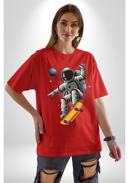 Atronot Kaykay Uzay Mars Pamuklu Bisiklet Yaka Kadın Erkek Oversize Boyfriend Dijital Baskılı Kırmızı T-Shirt