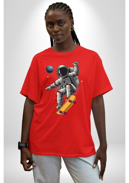 Atronot Kaykay Uzay Mars Pamuklu Bisiklet Yaka Kadın Erkek Oversize Boyfriend Dijital Baskılı Kırmızı T-Shirt fiyatları