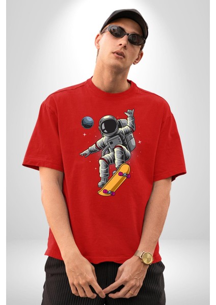 Atronot Kaykay Uzay Mars Pamuklu Bisiklet Yaka Kadın Erkek Oversize Boyfriend Dijital Baskılı Kırmızı T-Shirt modelleri