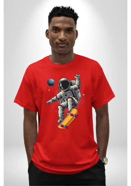 Atronot Kaykay Uzay Mars Pamuklu Bisiklet Yaka Kadın Erkek Oversize Boyfriend Dijital Baskılı Kırmızı T-Shirt fırsatları