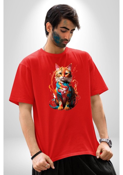 Renkli Yağlı Boya Kedi Pamuklu Bisiklet Yaka Kadın Erkek Oversize Boyfriend Dijital Baskılı Kırmızı T-Shirt