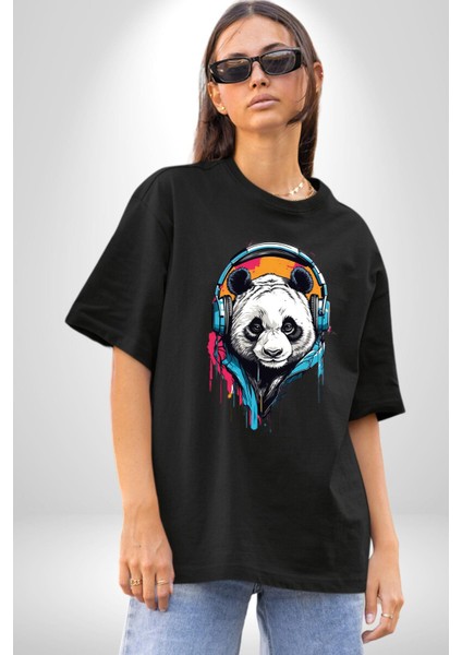 Kulaklık Ayı Panda Pamuklu Bisiklet Yaka Kadın Erkek Oversize Boyfriend Dijital Baskılı Siyah T-Shirt