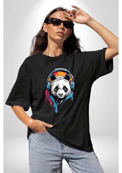 Kulaklık Ayı Panda Pamuklu Bisiklet Yaka Kadın Erkek Oversize Boyfriend Dijital Baskılı Siyah T-Shirt fiyatları