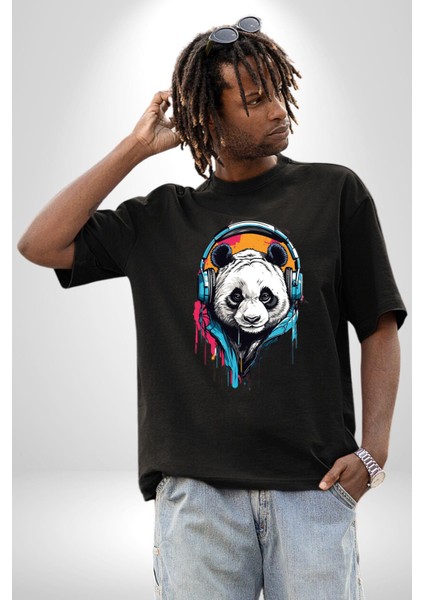 Kulaklık Ayı Panda Pamuklu Bisiklet Yaka Kadın Erkek Oversize Boyfriend Dijital Baskılı Siyah T-Shirt modelleri