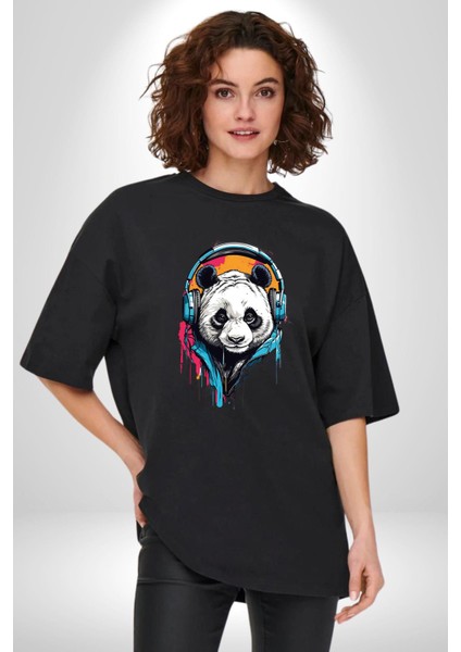 Kulaklık Ayı Panda Pamuklu Bisiklet Yaka Kadın Erkek Oversize Boyfriend Dijital Baskılı Siyah T-Shirt indirimleri