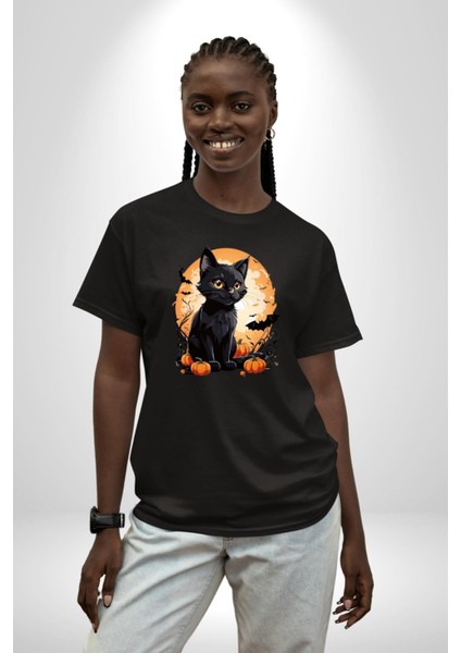 Cadılar Bayramı Kedi Pamuklu Bisiklet Yaka Kadın Erkek Oversize Boyfriend Dijital Baskılı Siyah T-Shirt