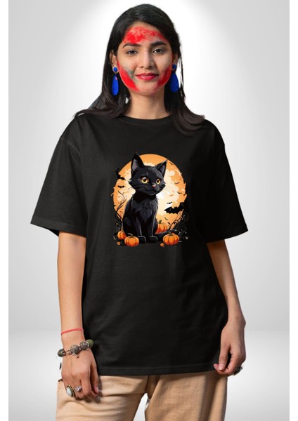 Cadılar Bayramı Kedi Pamuklu Bisiklet Yaka Kadın Erkek Oversize Boyfriend Dijital Baskılı Siyah T-Shirt