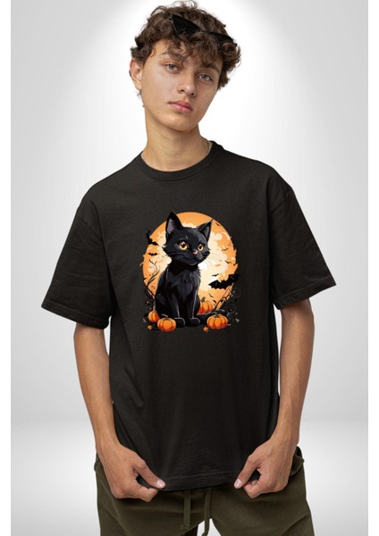 Cadılar Bayramı Kedi Pamuklu Bisiklet Yaka Kadın Erkek Oversize Boyfriend Dijital Baskılı Siyah T-Shirt