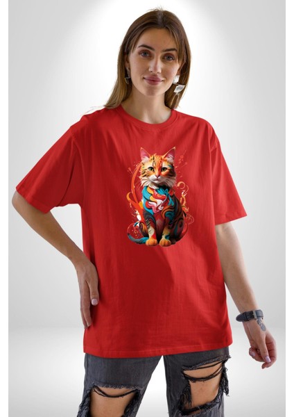 Renkli Yağlı Boya Kedi Pamuklu Bisiklet Yaka Kadın Erkek Oversize Boyfriend Dijital Baskılı Kırmızı T-Shirt