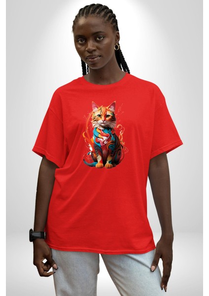 Renkli Yağlı Boya Kedi Pamuklu Bisiklet Yaka Kadın Erkek Oversize Boyfriend Dijital Baskılı Kırmızı T-Shirt