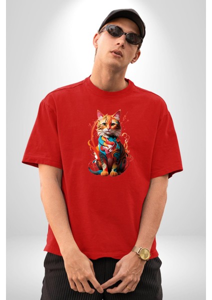 Renkli Yağlı Boya Kedi Pamuklu Bisiklet Yaka Kadın Erkek Oversize Boyfriend Dijital Baskılı Kırmızı T-Shirt