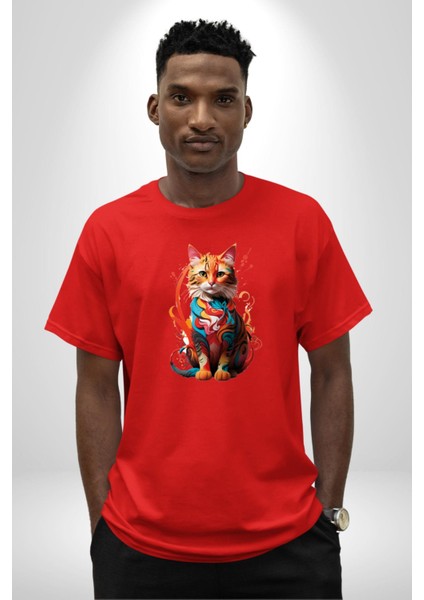 Renkli Yağlı Boya Kedi Pamuklu Bisiklet Yaka Kadın Erkek Oversize Boyfriend Dijital Baskılı Kırmızı T-Shirt