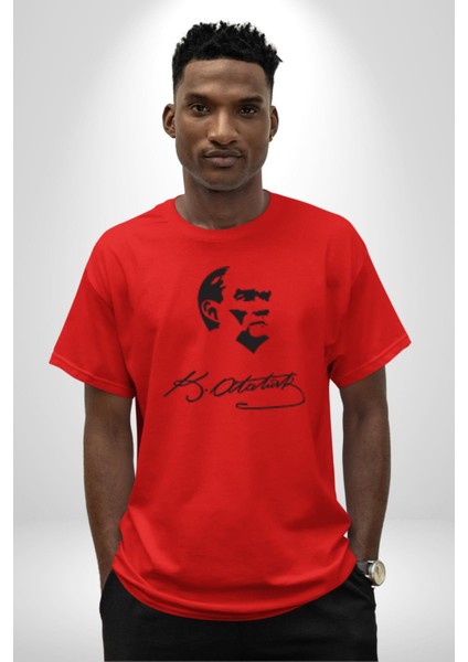 Kemal Atatürk Imza ve Silüet Pamuklu Bisiklet Yaka Kadın Erkek Oversize Boyfriend Dijital Baskılı Kırmızı T-Shirt